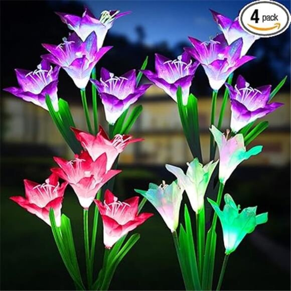 Outdoor Solar Lights, 4 Pack Solar Garden Lights with Bigger Lily Flowers - Picture 8 of 8